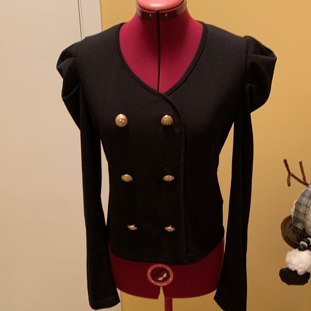 Elegant Midnight Majesty Military Top ✨ Women's  Top with puff shoulders - Picture 2 of 10